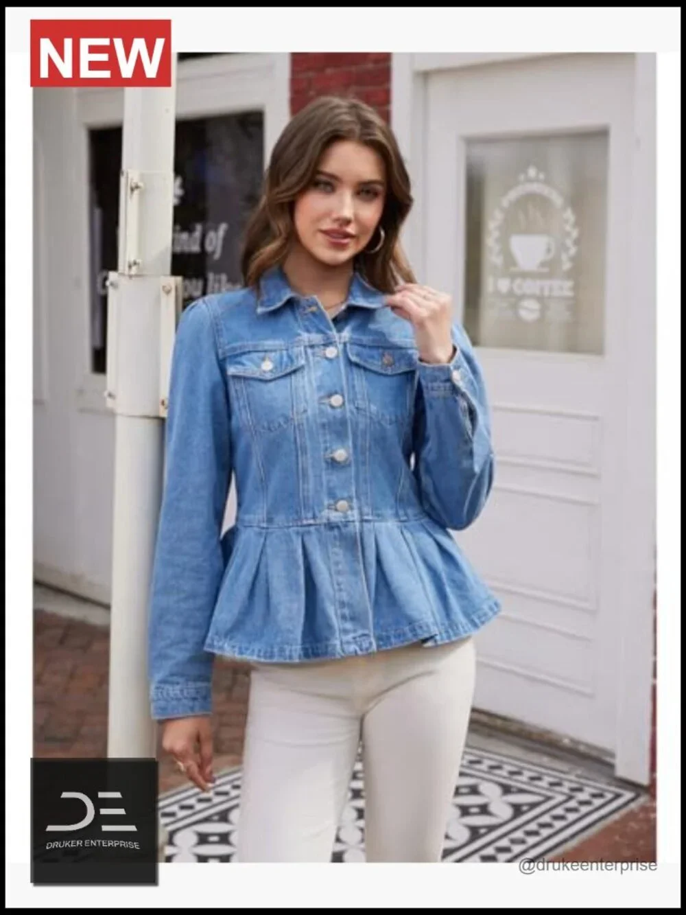 Ruffle Hem Peplum Denim Jacket Puff Sleeve Button Down